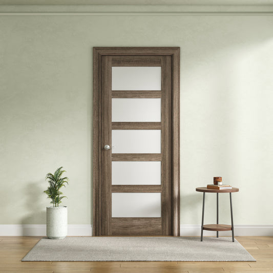 5-Lite Frosted Glass Interior Door - Engineered Walnut Veneer, Solid Core Wood, Primed, Door Slab Only