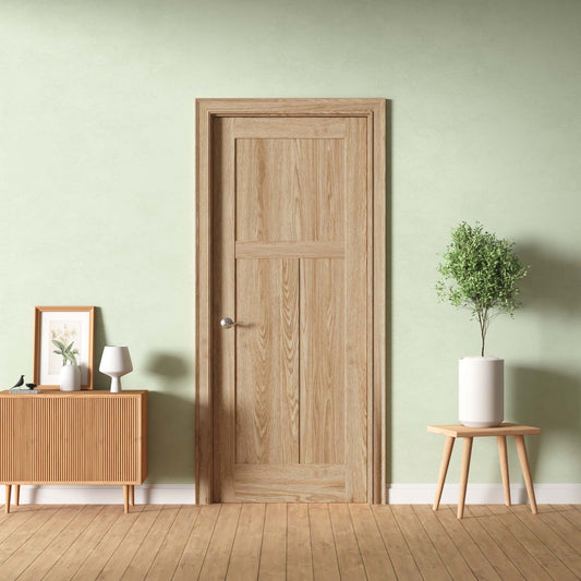 3-Panel Shaker Interior Door - Engineered Oak Veneer, Solid Core Wood, Primed, Door Slab Only