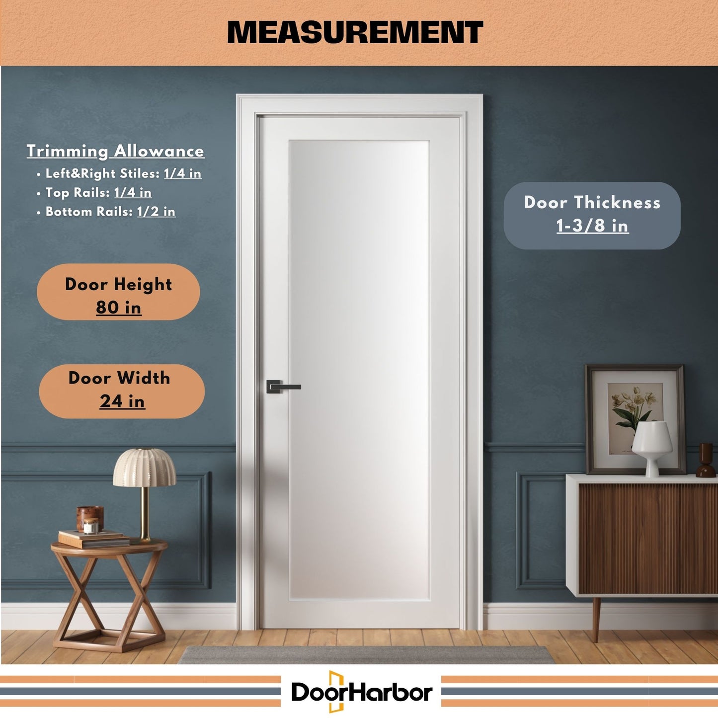 1-Lite Frosted Glass Interior Door - Solid Core Wood, White Primed, Door Slab Only