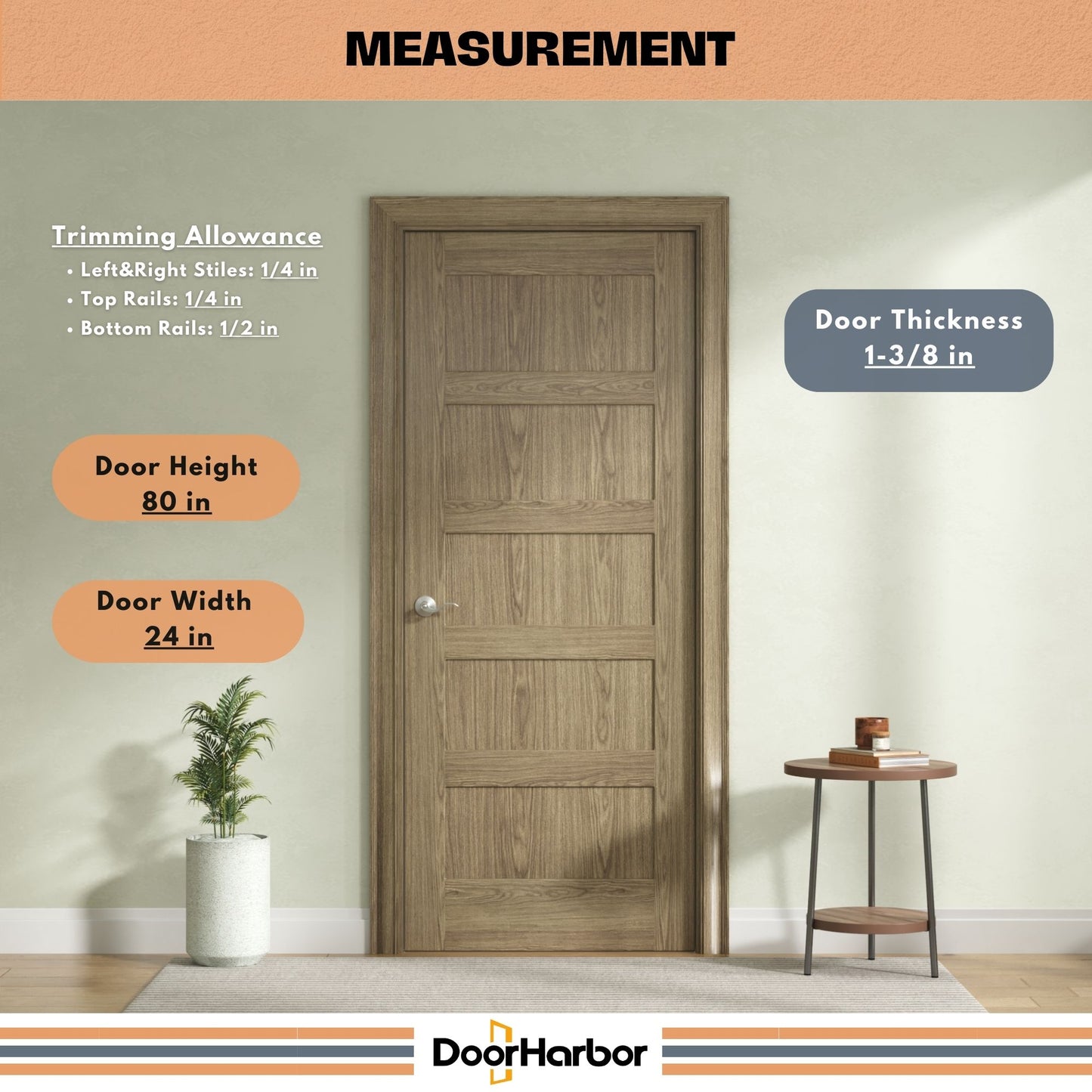 5-Panel Shaker Interior Door - Engineered Walnut Veneer, Solid Core Wood, Primed, Door Slab Only