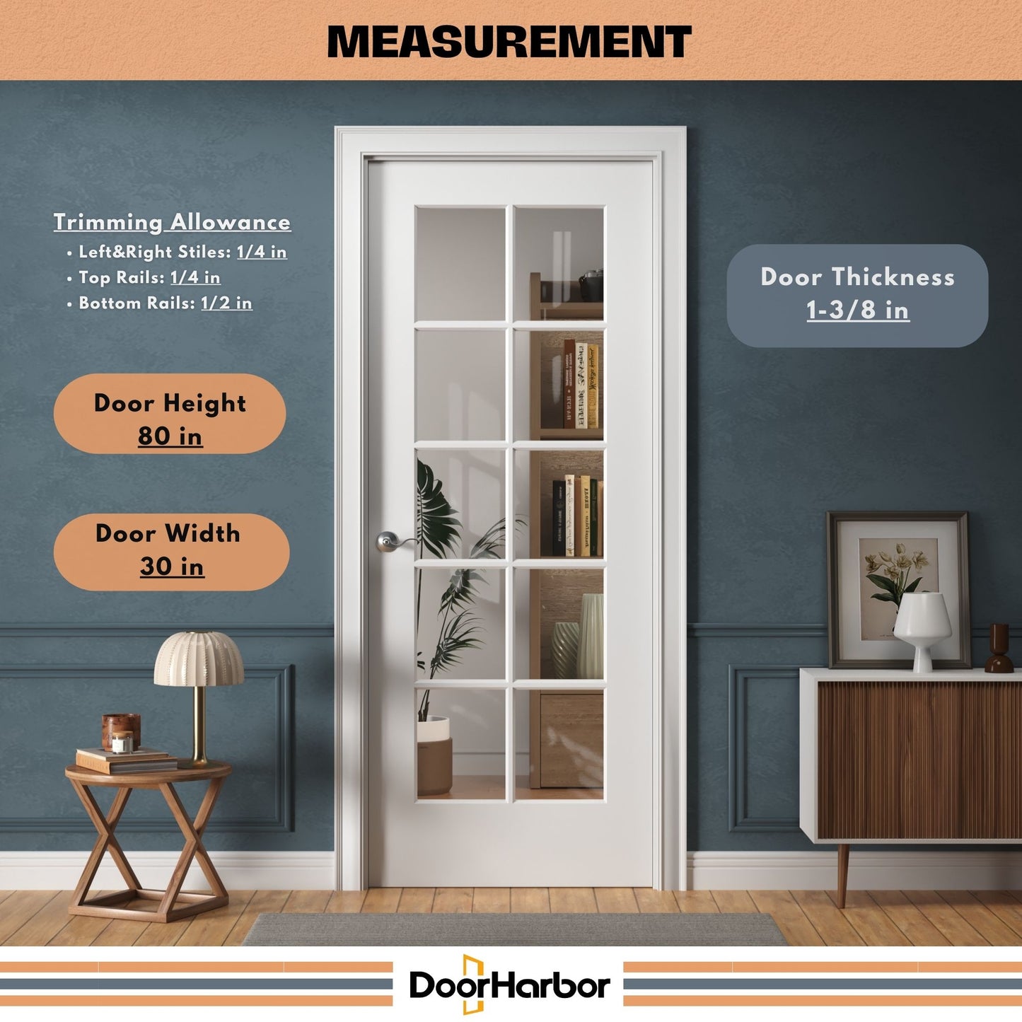 10-Lite Clear Glass Interior Door - Solid Core Wood, White Primed, Door Slab Only