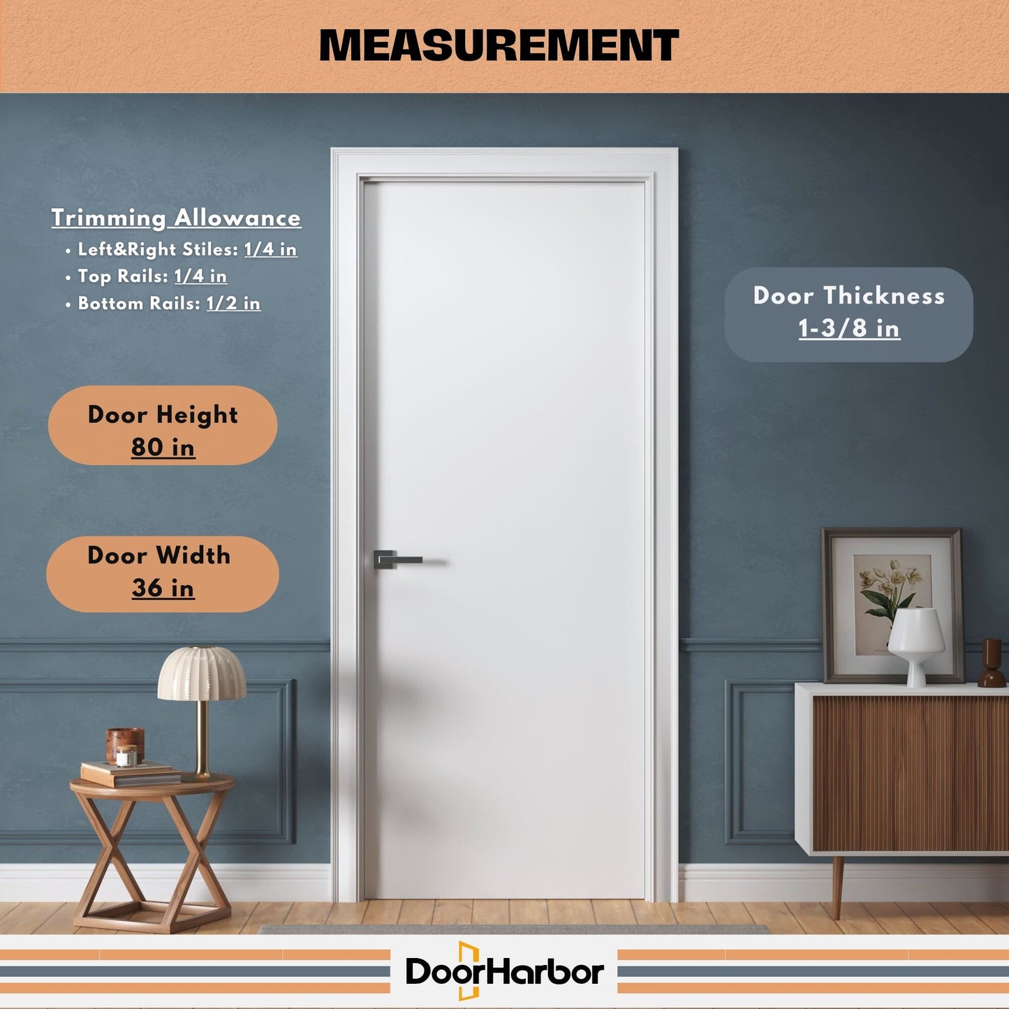 Plain Flush Interior Door - Solid Core Wood, White Primed, Door Slab Only