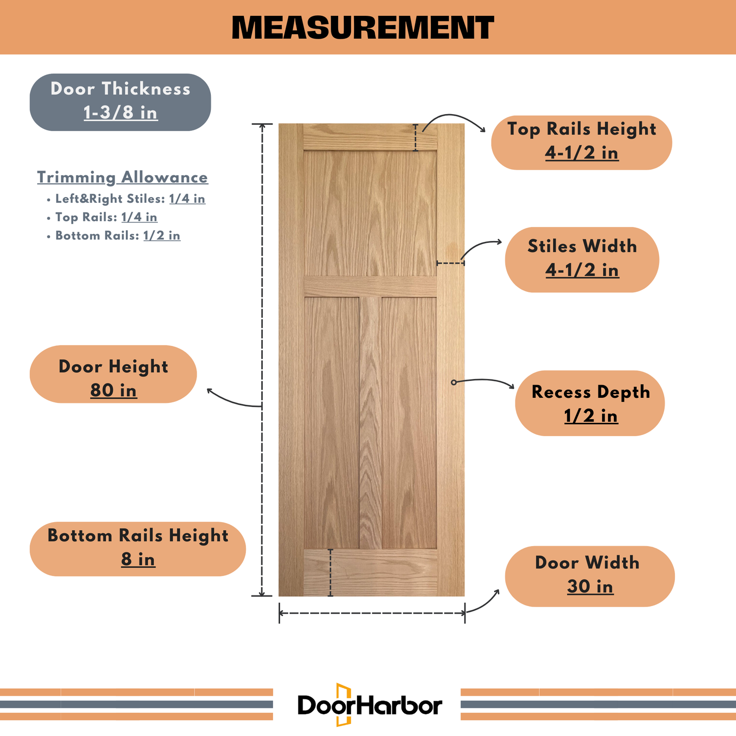 3-Panel Shaker Interior Door - Engineered Oak Veneer, Solid Core Wood, Primed, Door Slab Only